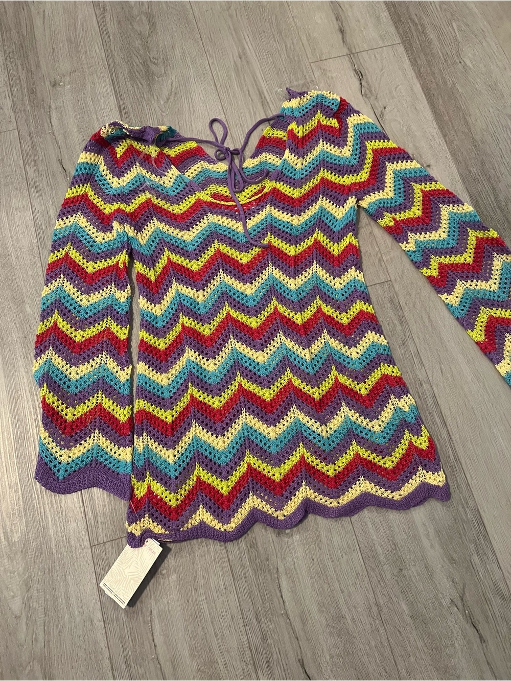 Multicolor Chevron Crochet Swim Coverup with Purple Trim